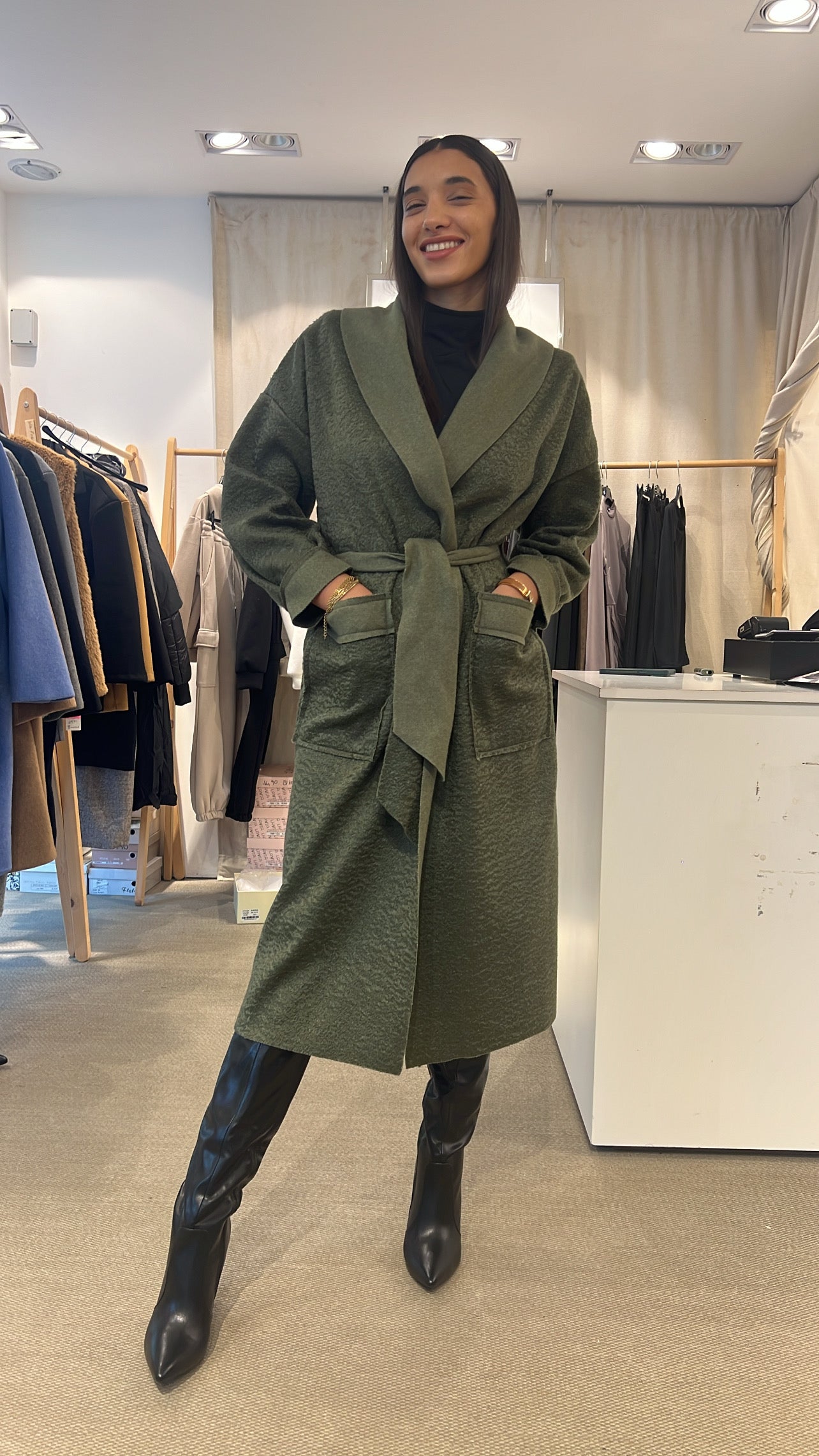 Cappotto lana cotta taglia unica modello “max” con cintura verde militare