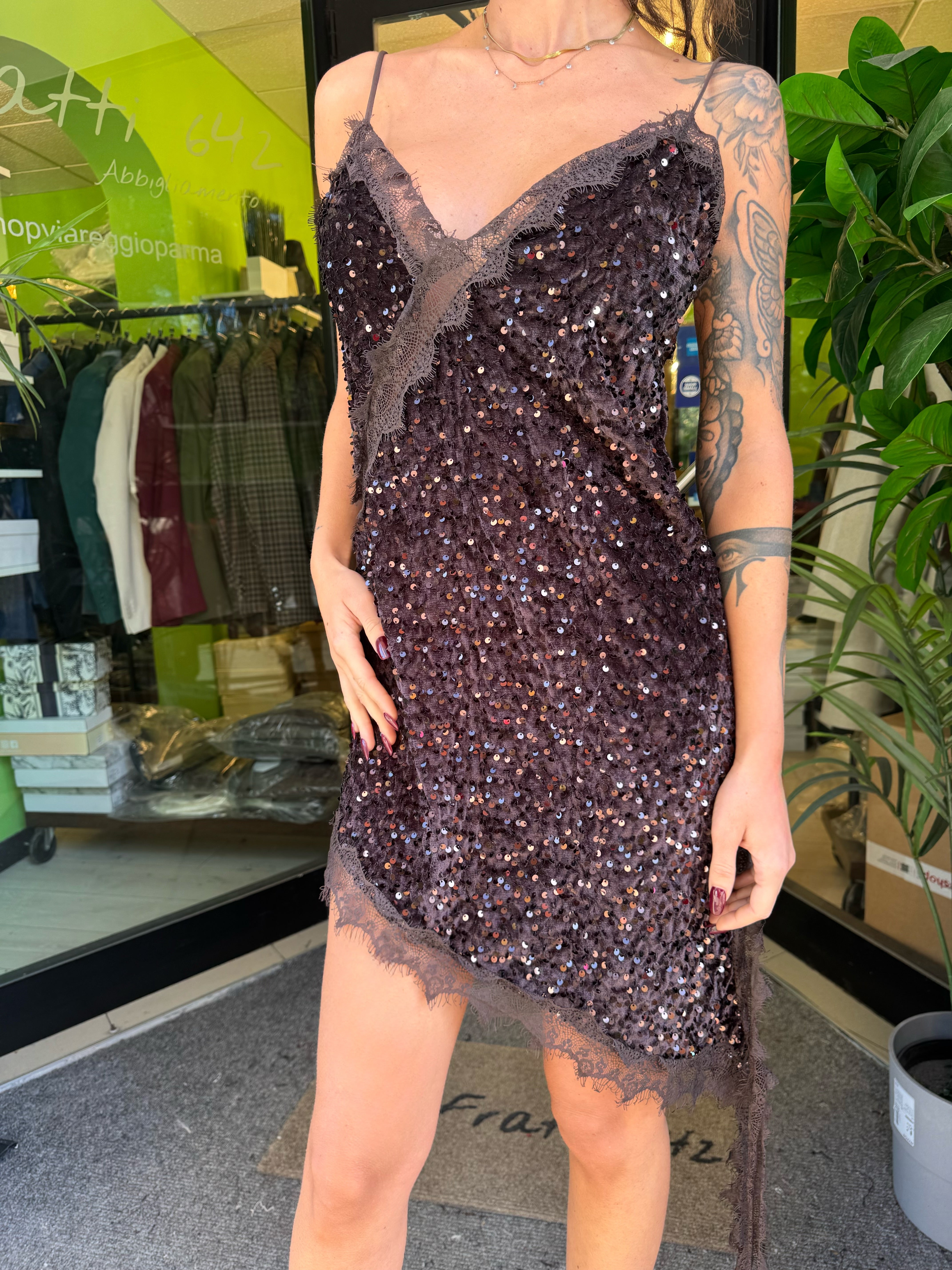 Abito “Viral” con paillettes in velluto due colori