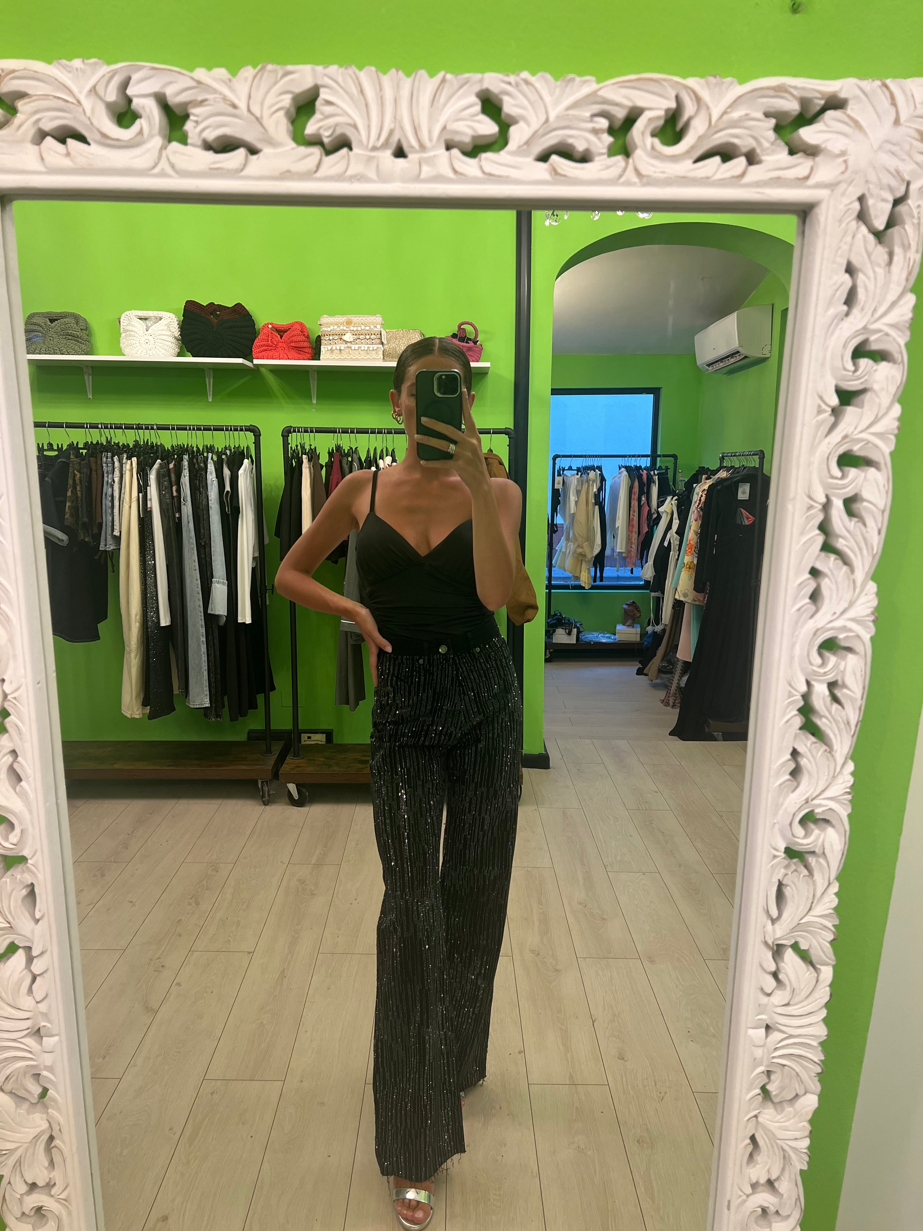Jeans linee di strass nero