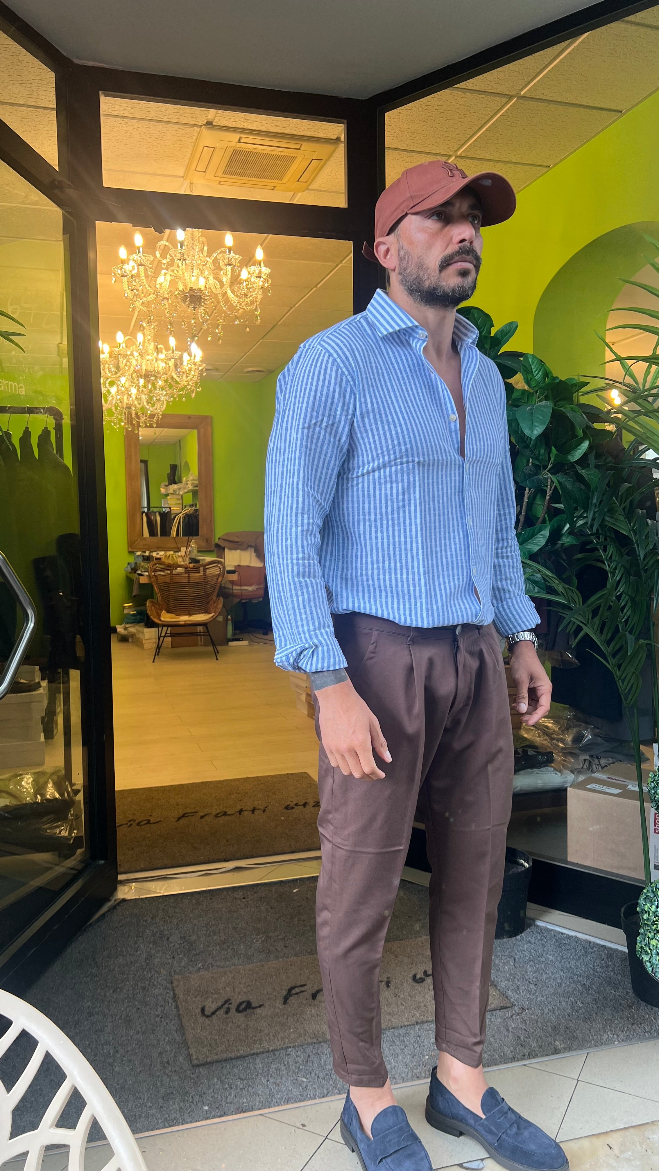 Camicia lino cotone a righe azzurre