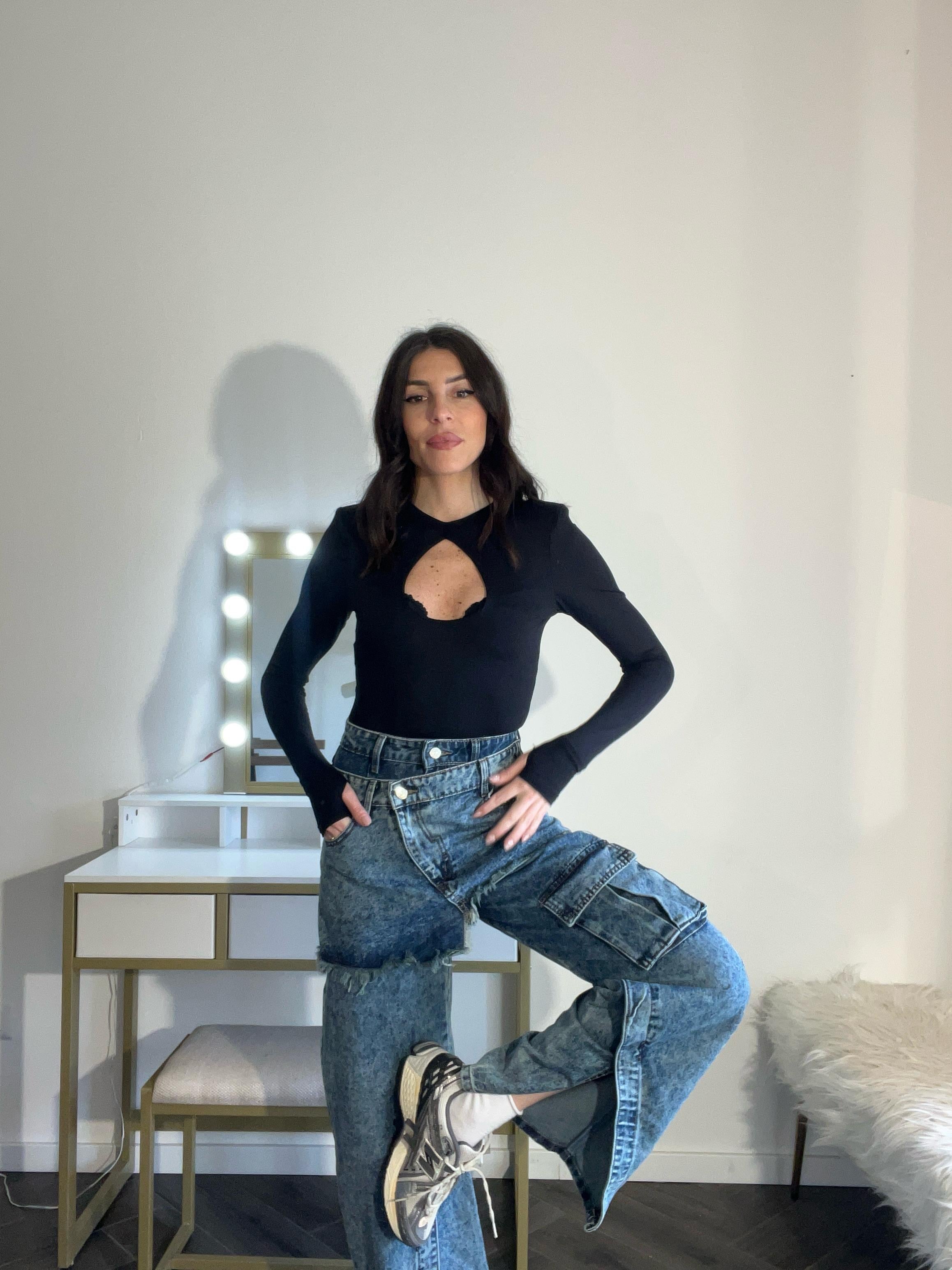 Jeans top quality con doppia fibbia tasca frontale e spacchetti blu
