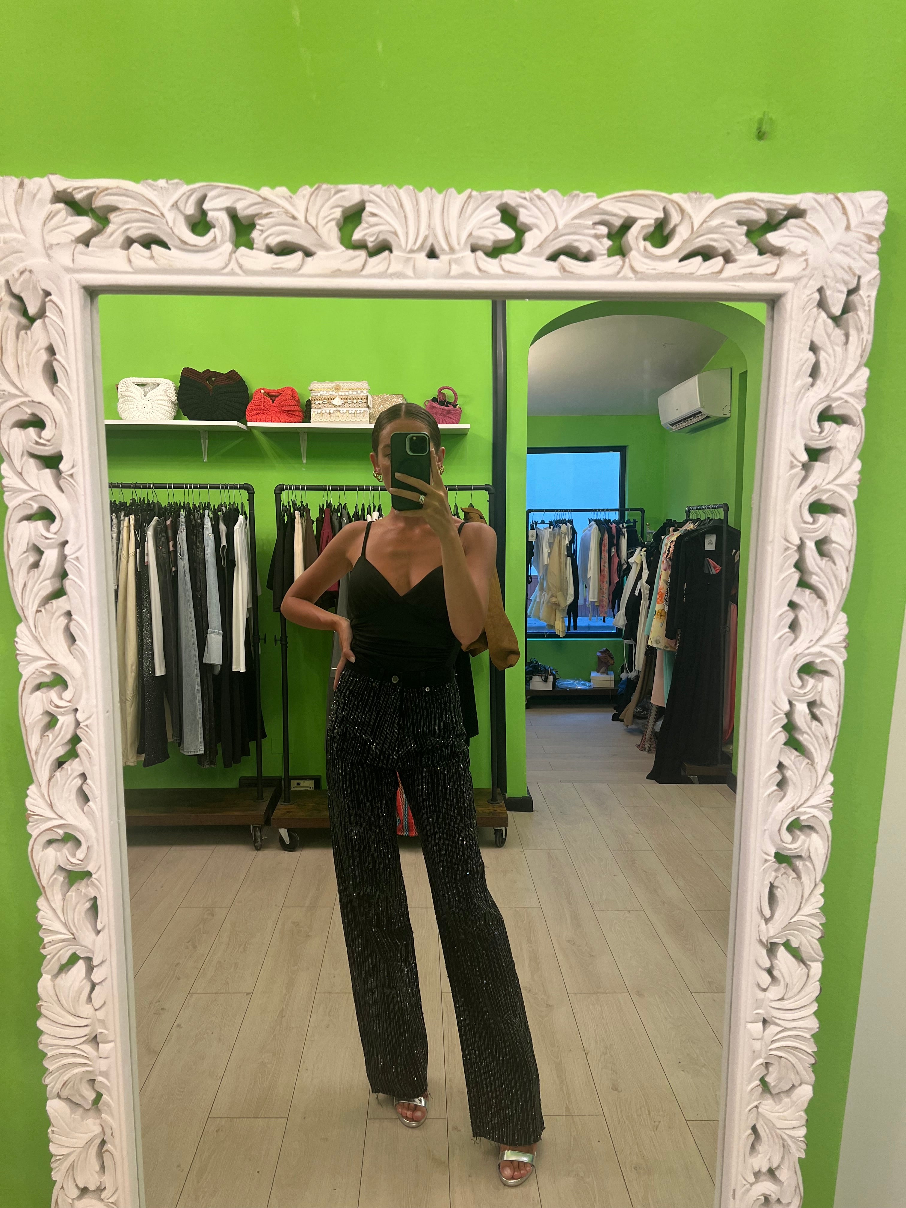 Jeans linee di strass nero