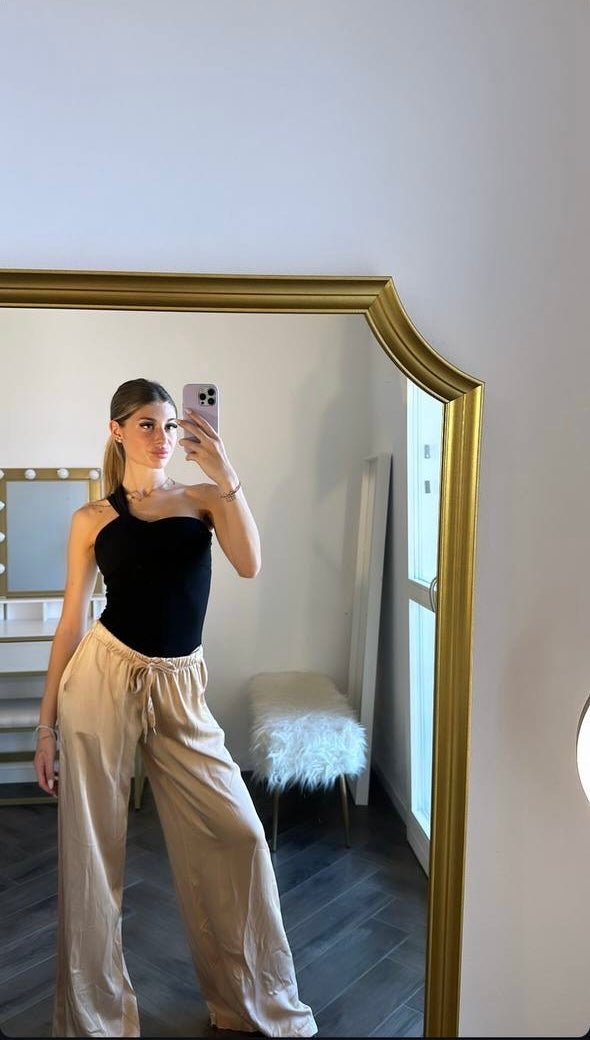 Pantalone a campana effetto seta con elastico in vita 3 colori
