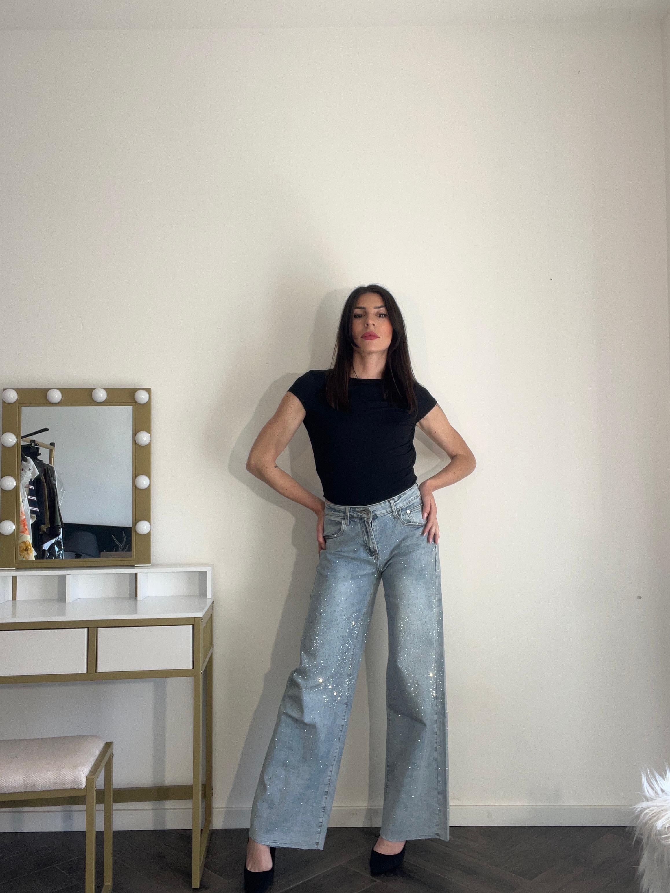 Jeans top quality tempestato di strass