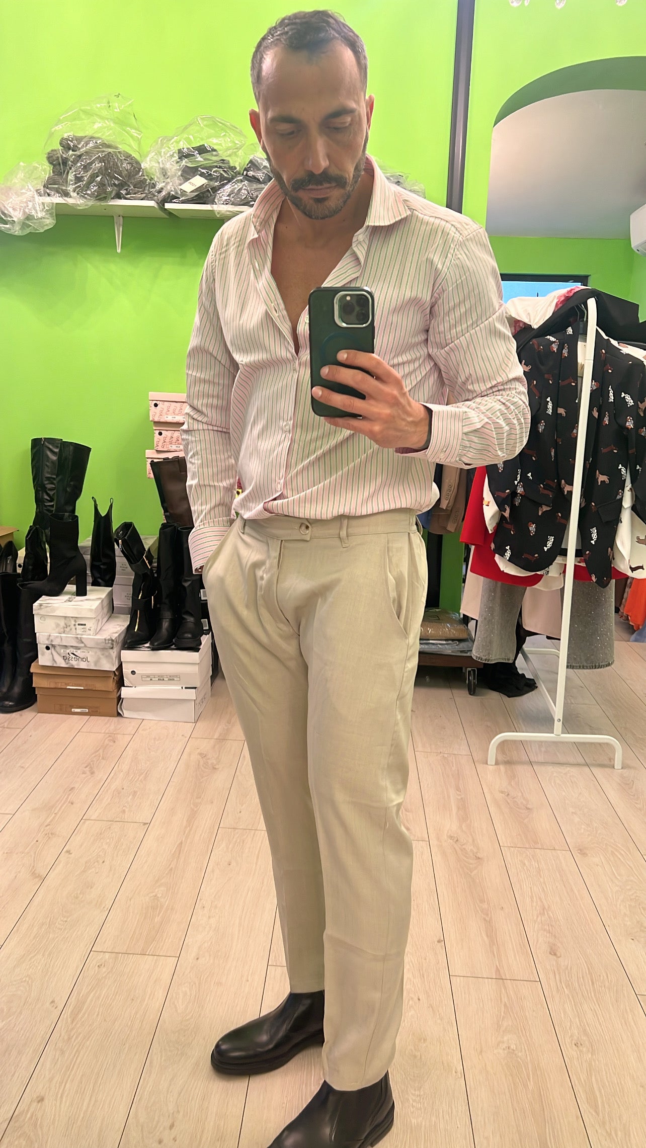 Camicia rosa righe verdi e bianche