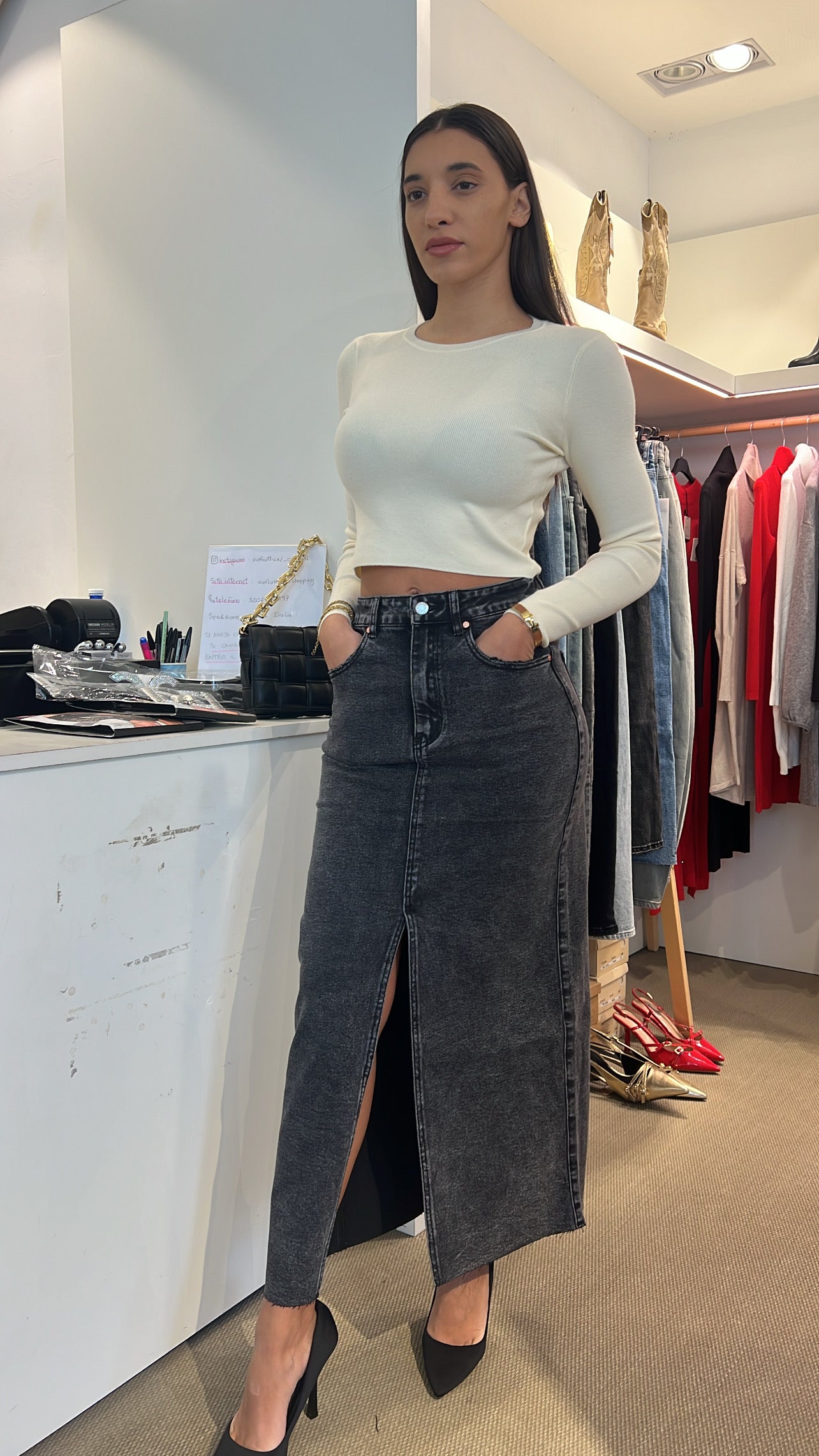Maglia girocollo crop panna