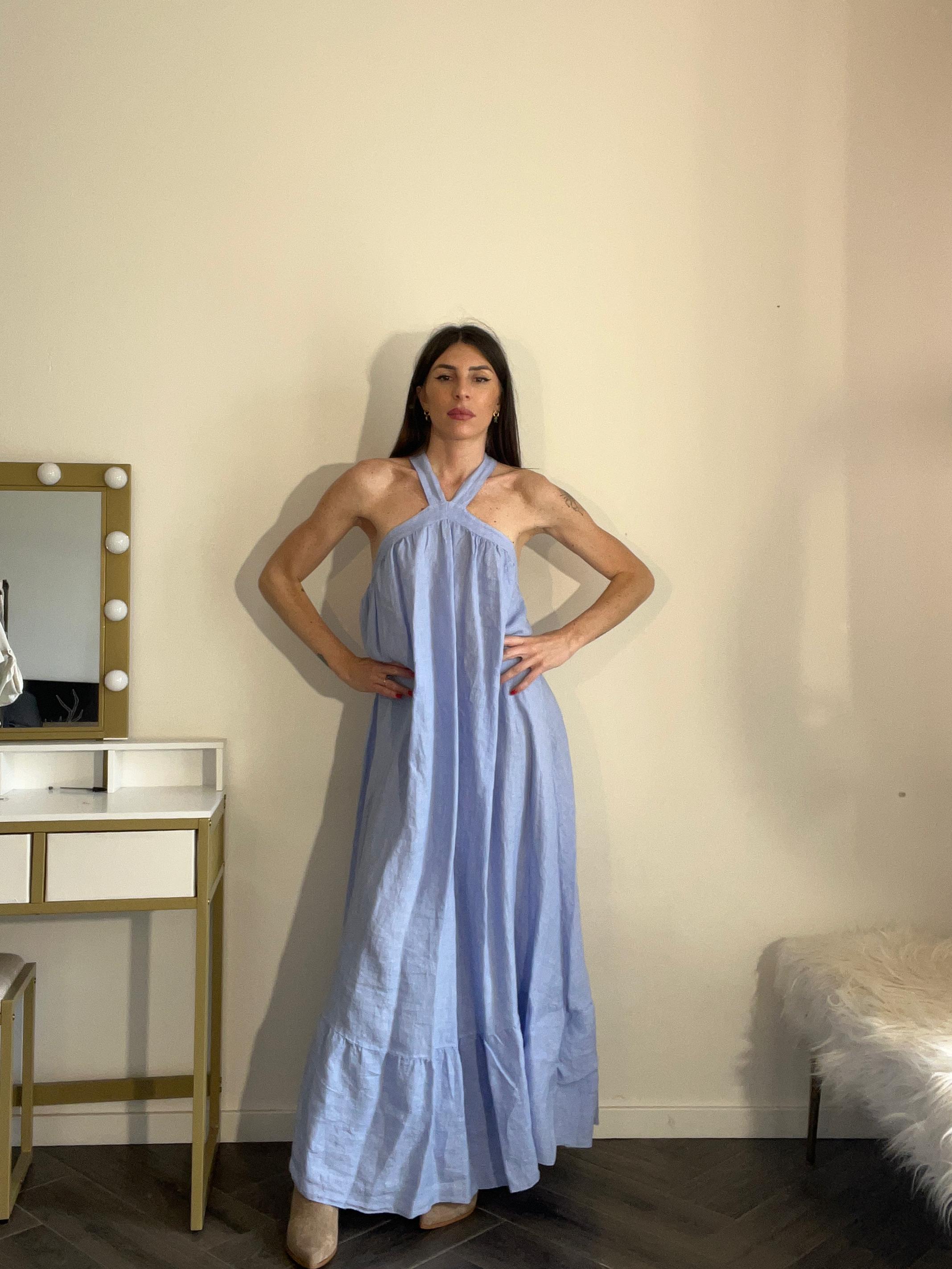 Abito azzurro 100% lino con incrocio alla schiena