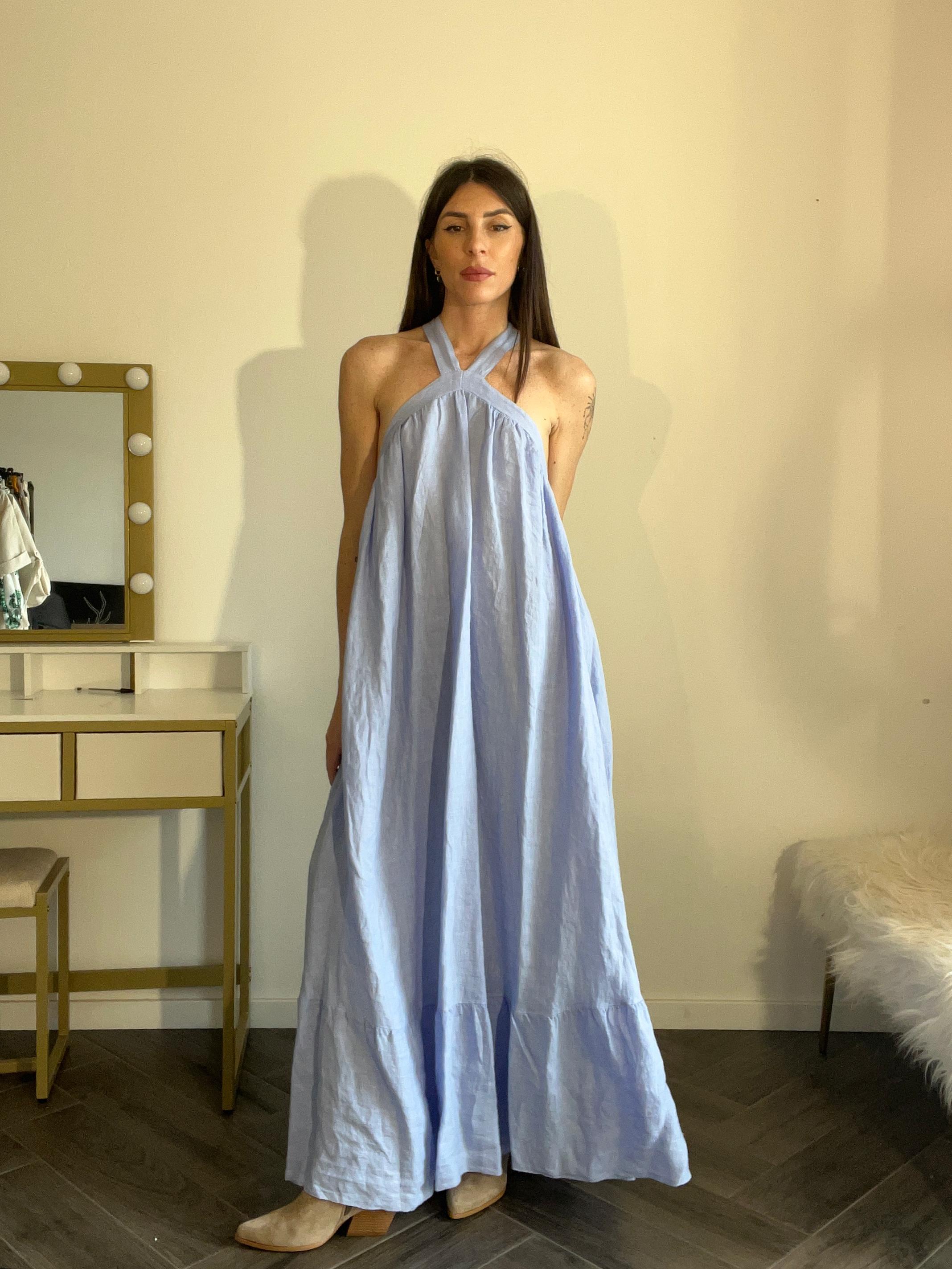 Abito azzurro 100% lino con incrocio alla schiena