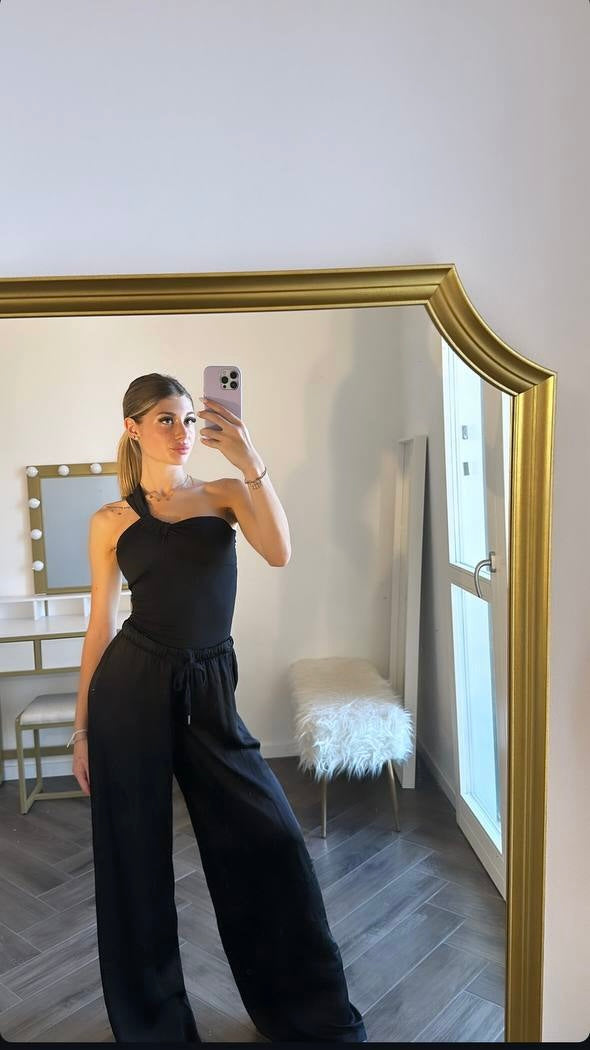 Pantalone a campana effetto seta con elastico in vita 3 colori
