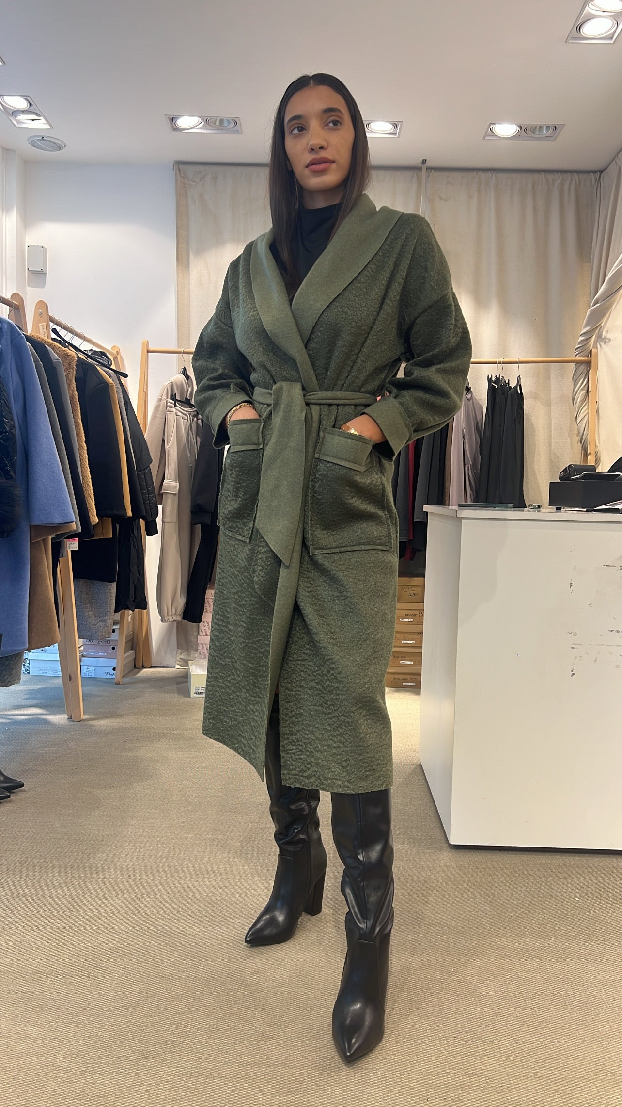 Cappotto lana cotta taglia unica modello “max” con cintura verde militare