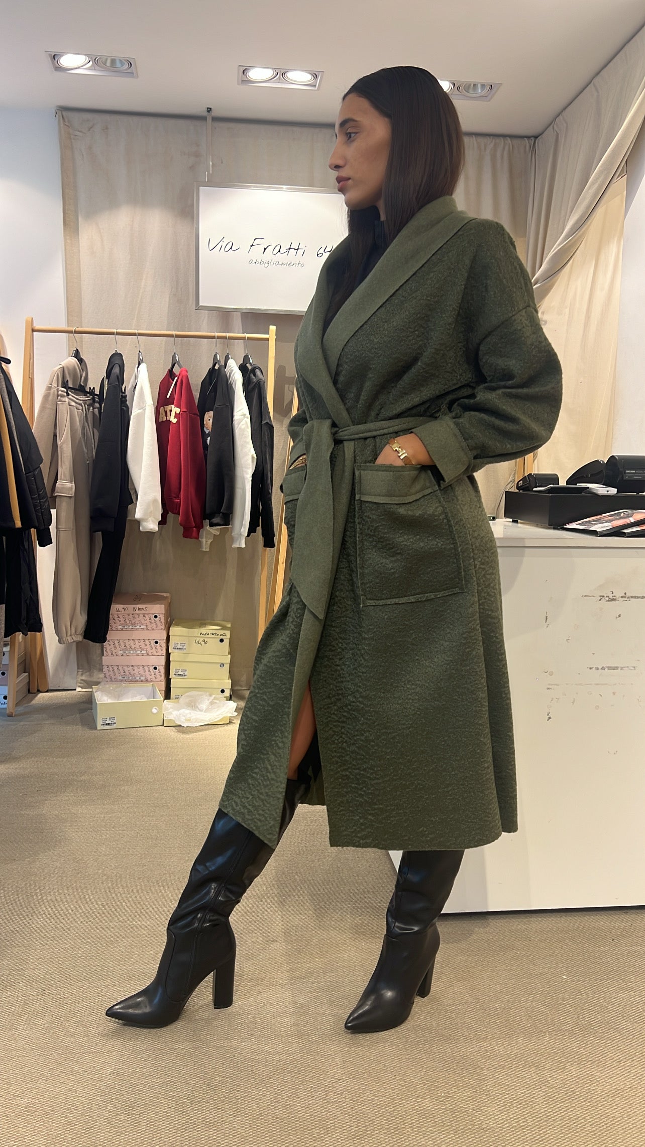Cappotto lana cotta taglia unica modello “max” con cintura verde militare