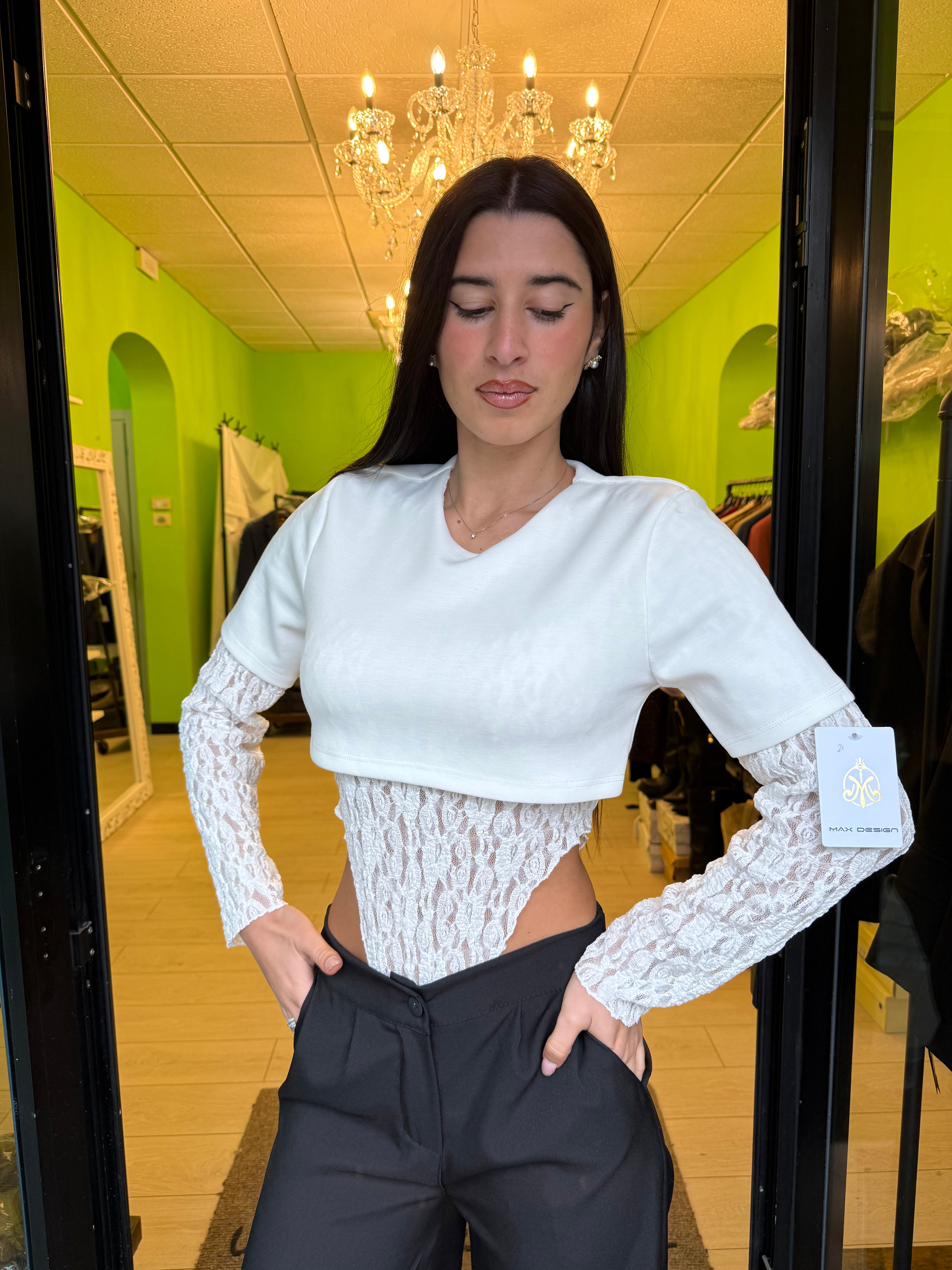 Body a t-shirt con pizzo bianco