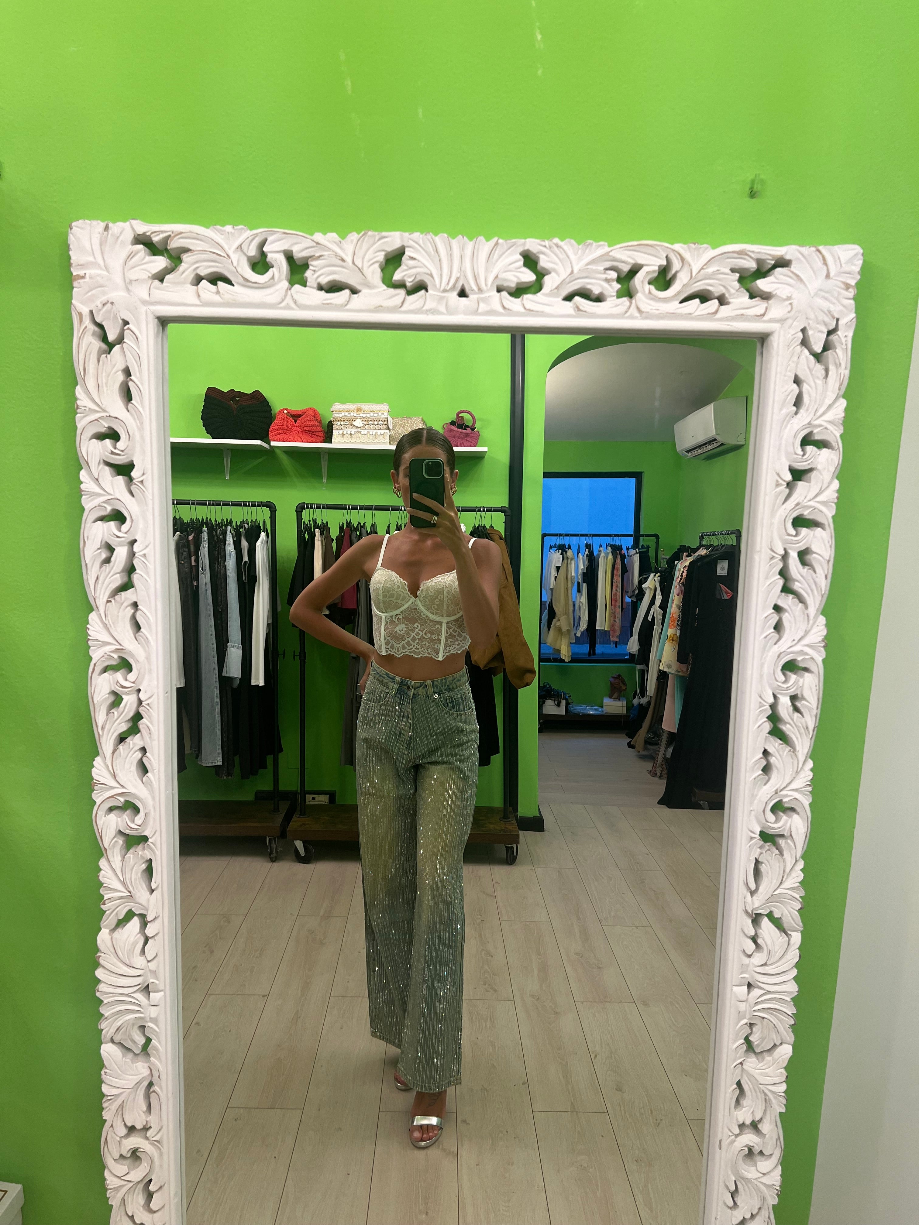 Jeans linee di strass invecchiato