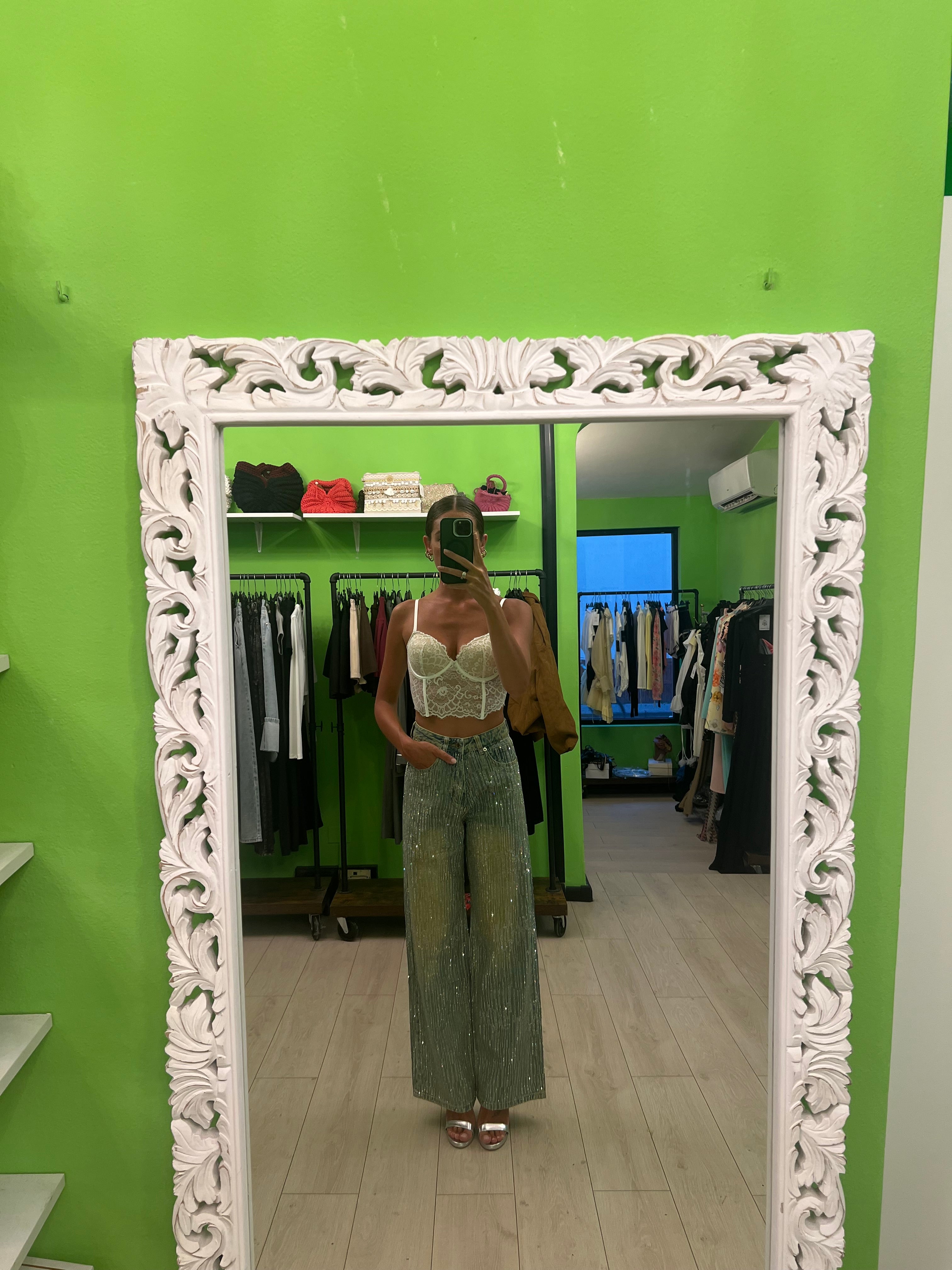 Jeans linee di strass invecchiato