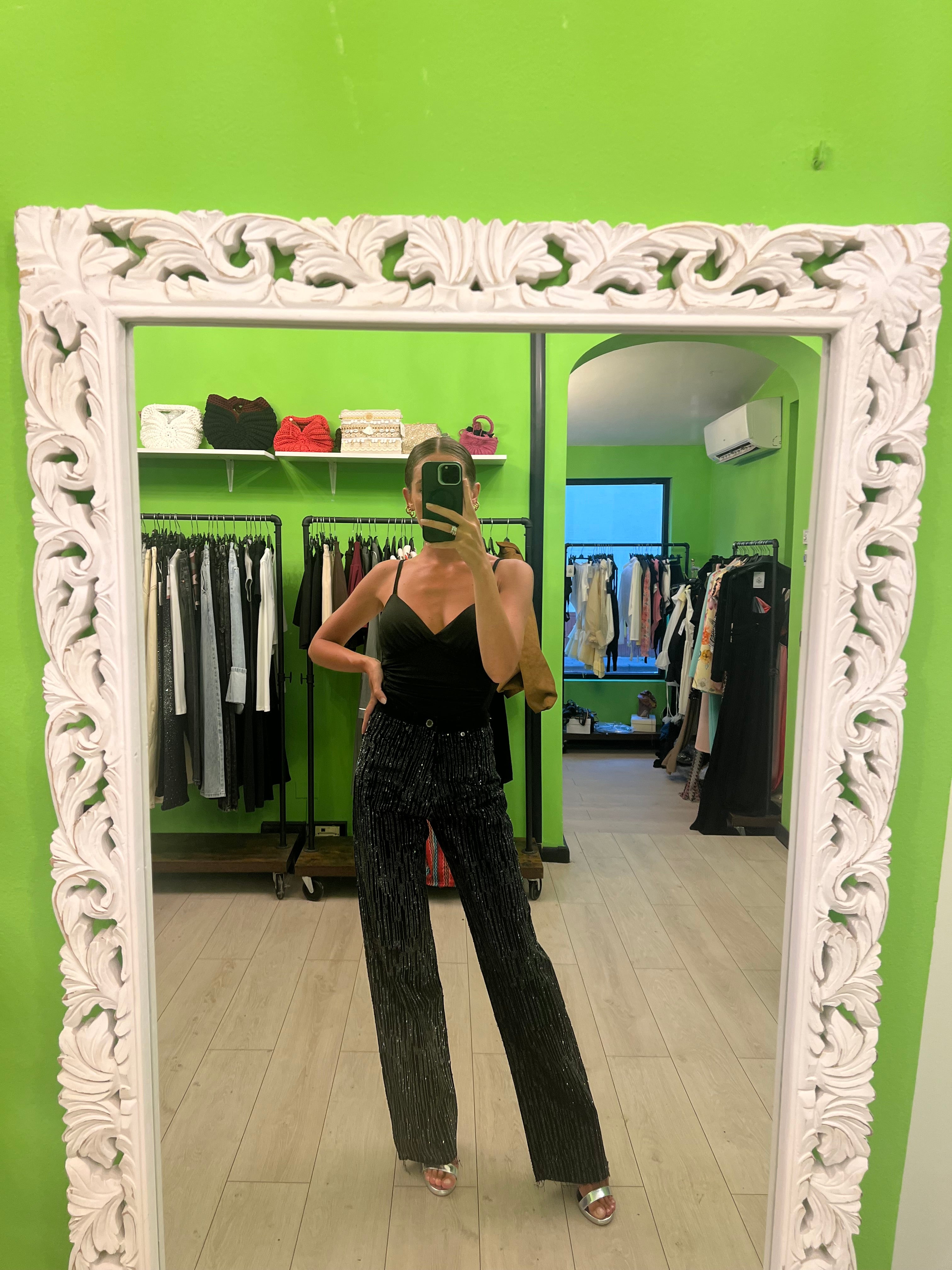Jeans linee di strass nero