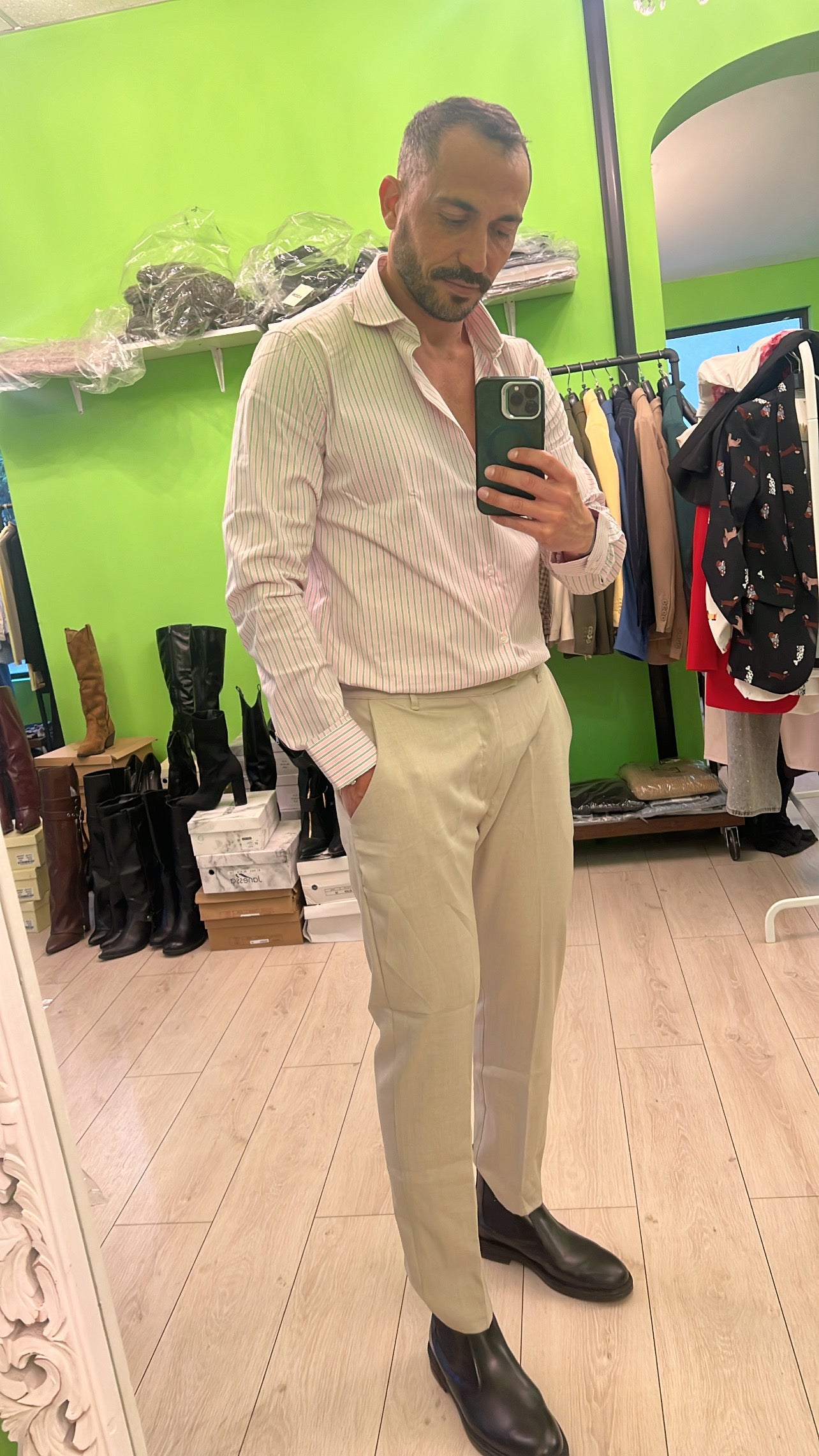 Camicia rosa righe verdi e bianche