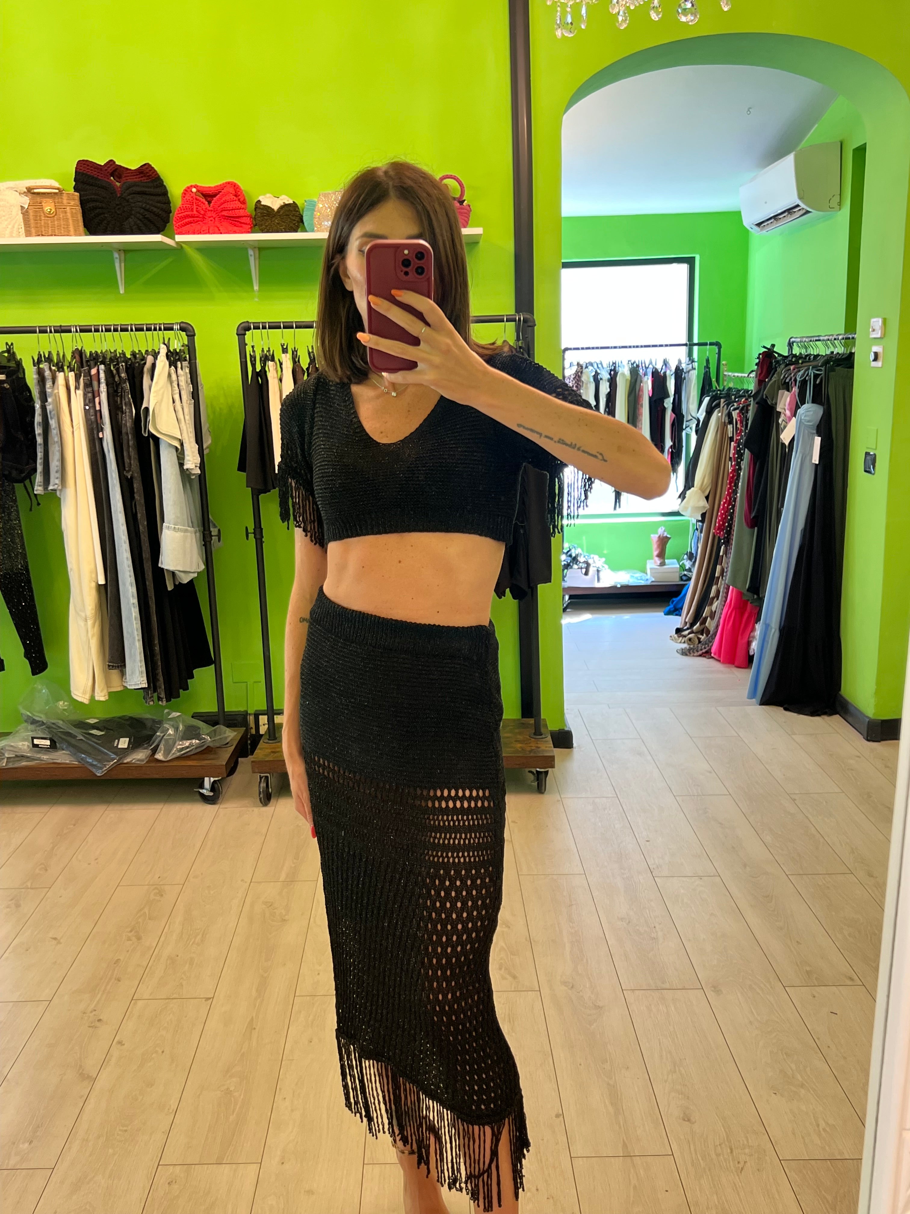 Coordinato lurex nero con frange