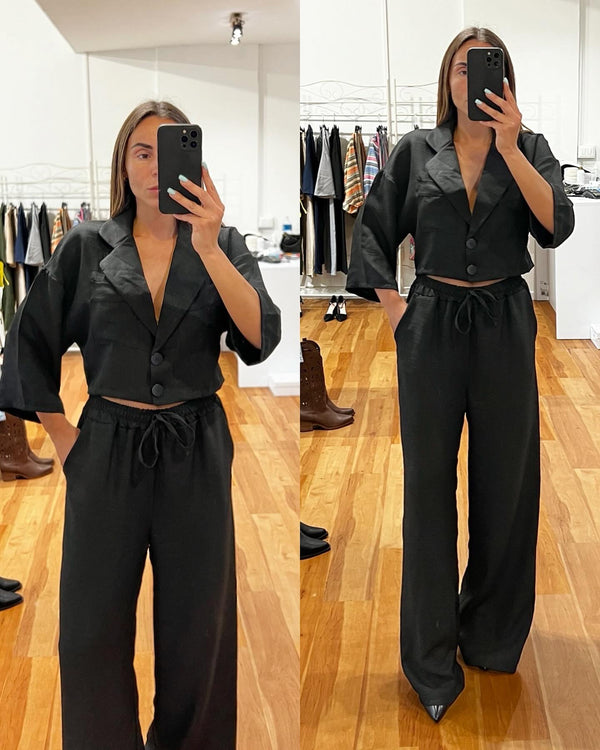 Coordinato nero ultra leggero giacchetta + pantalone ampio con elastico in vita