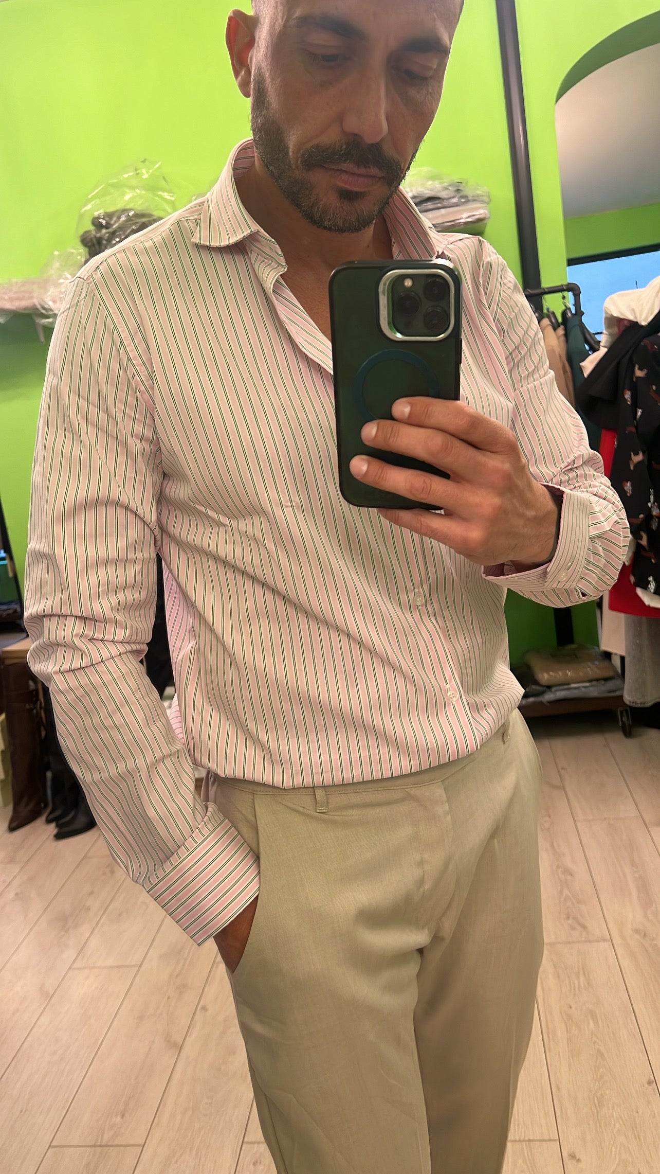 Camicia rosa righe verdi e bianche