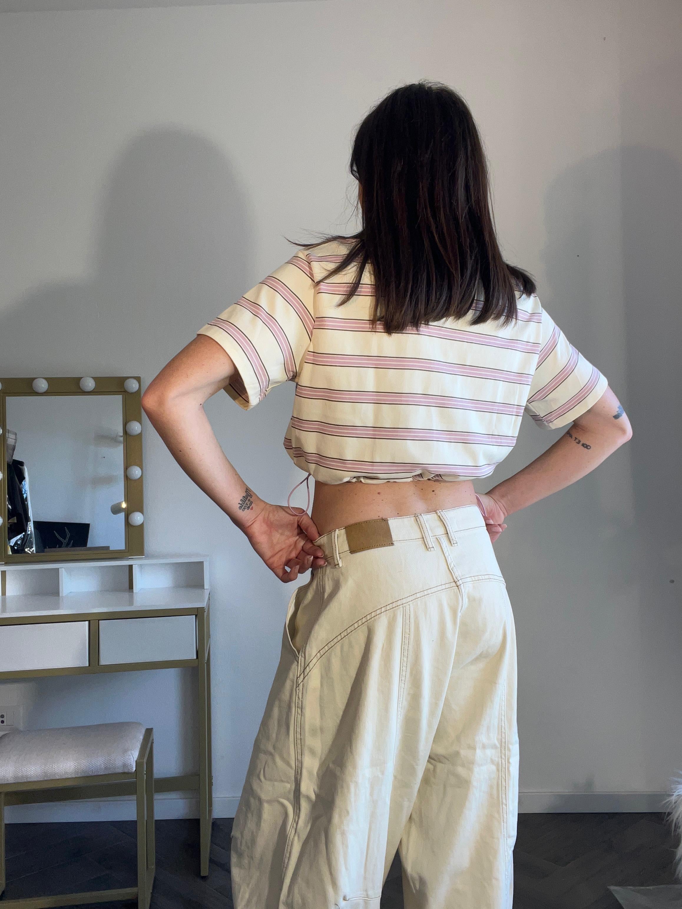 Polo a righe crop versione rosa