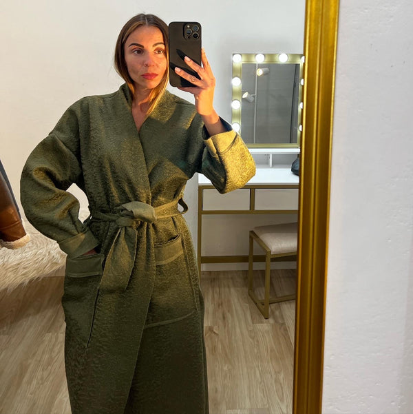 Cappotto con cintura simil lana cotta verde militare