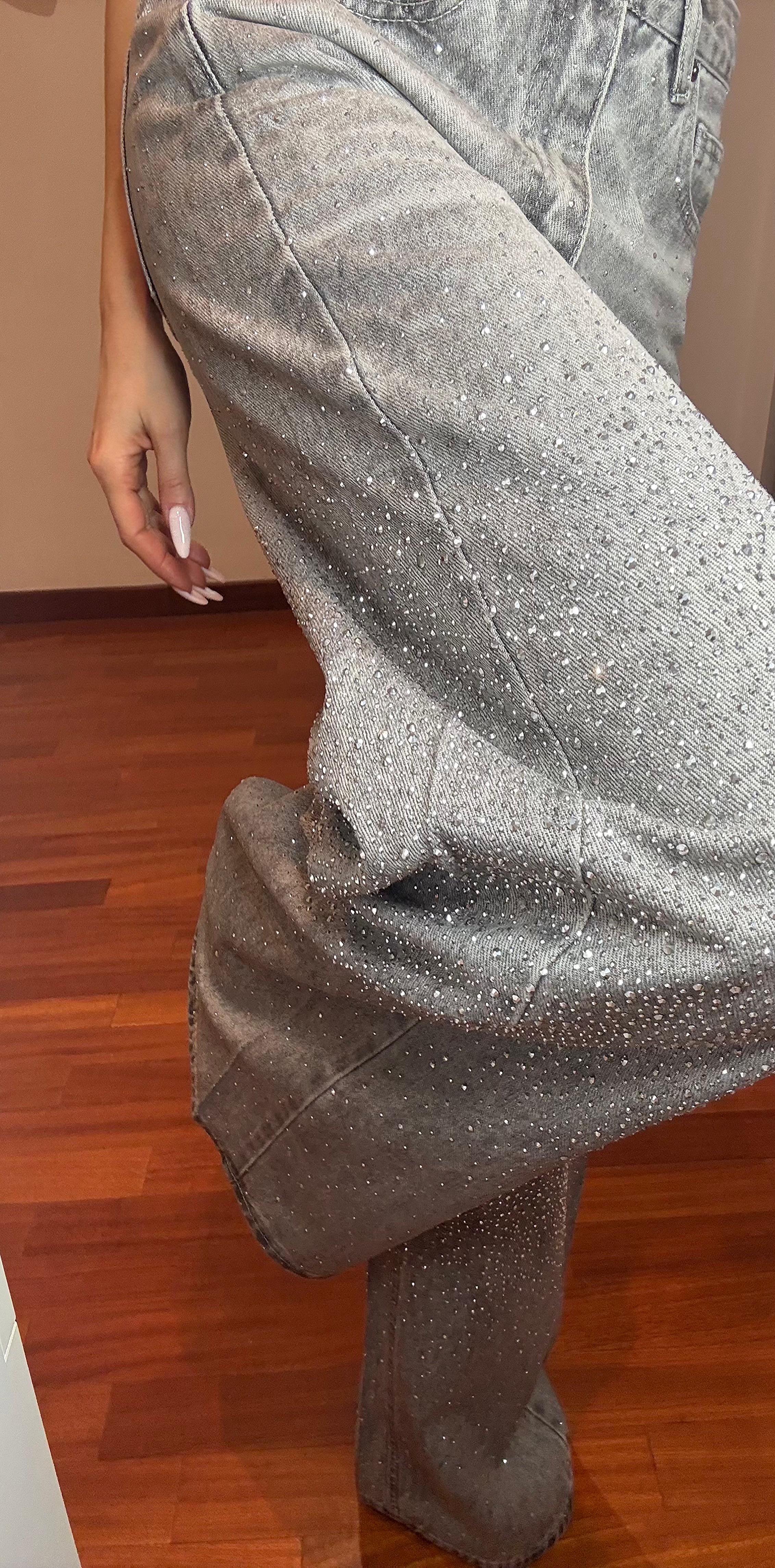 Jeans grigio tempestato di strass top quality
