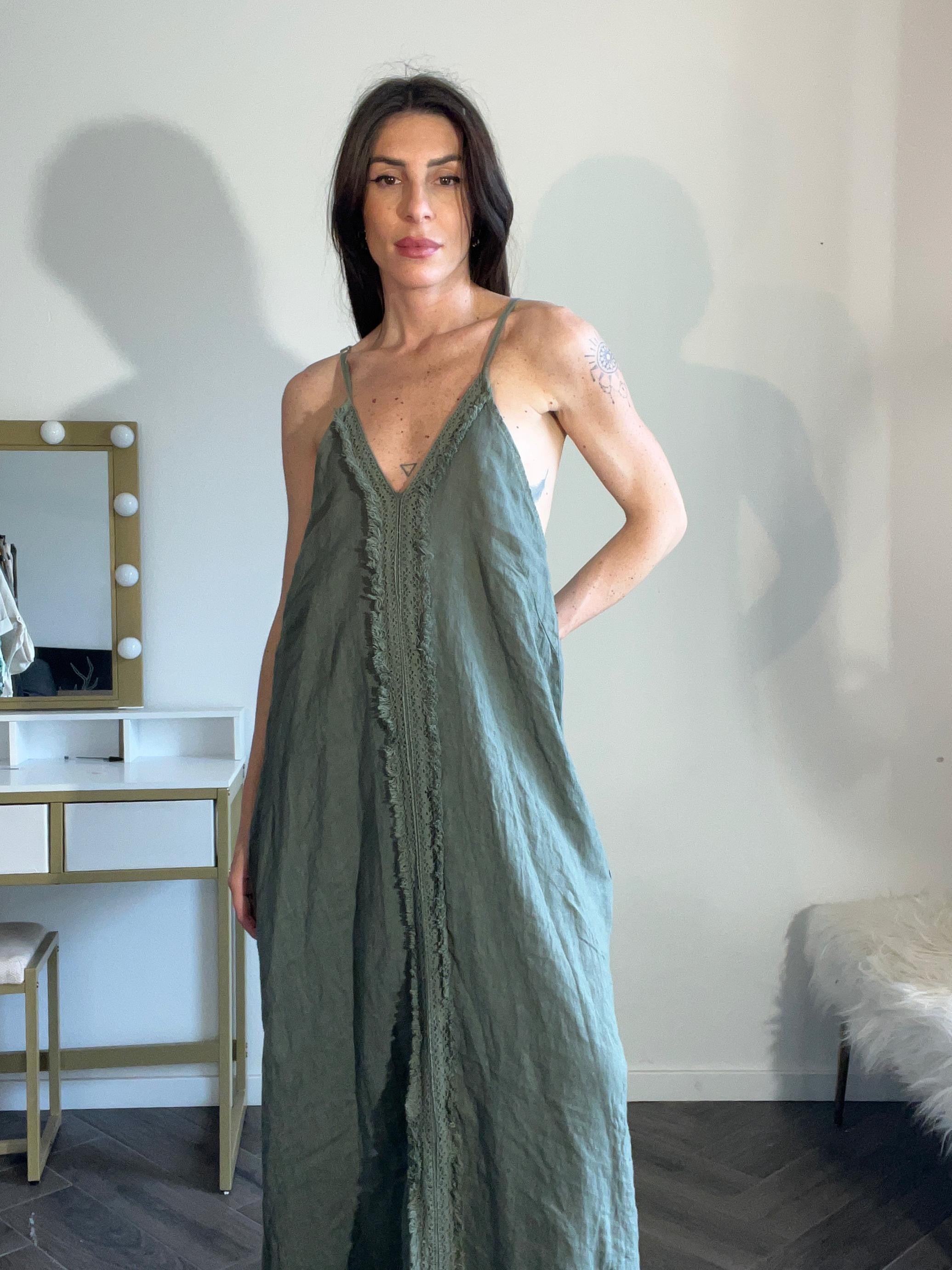Abito lungo verde militare 100% lino