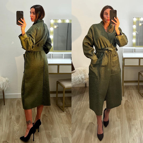 Cappotto con cintura simil lana cotta verde militare