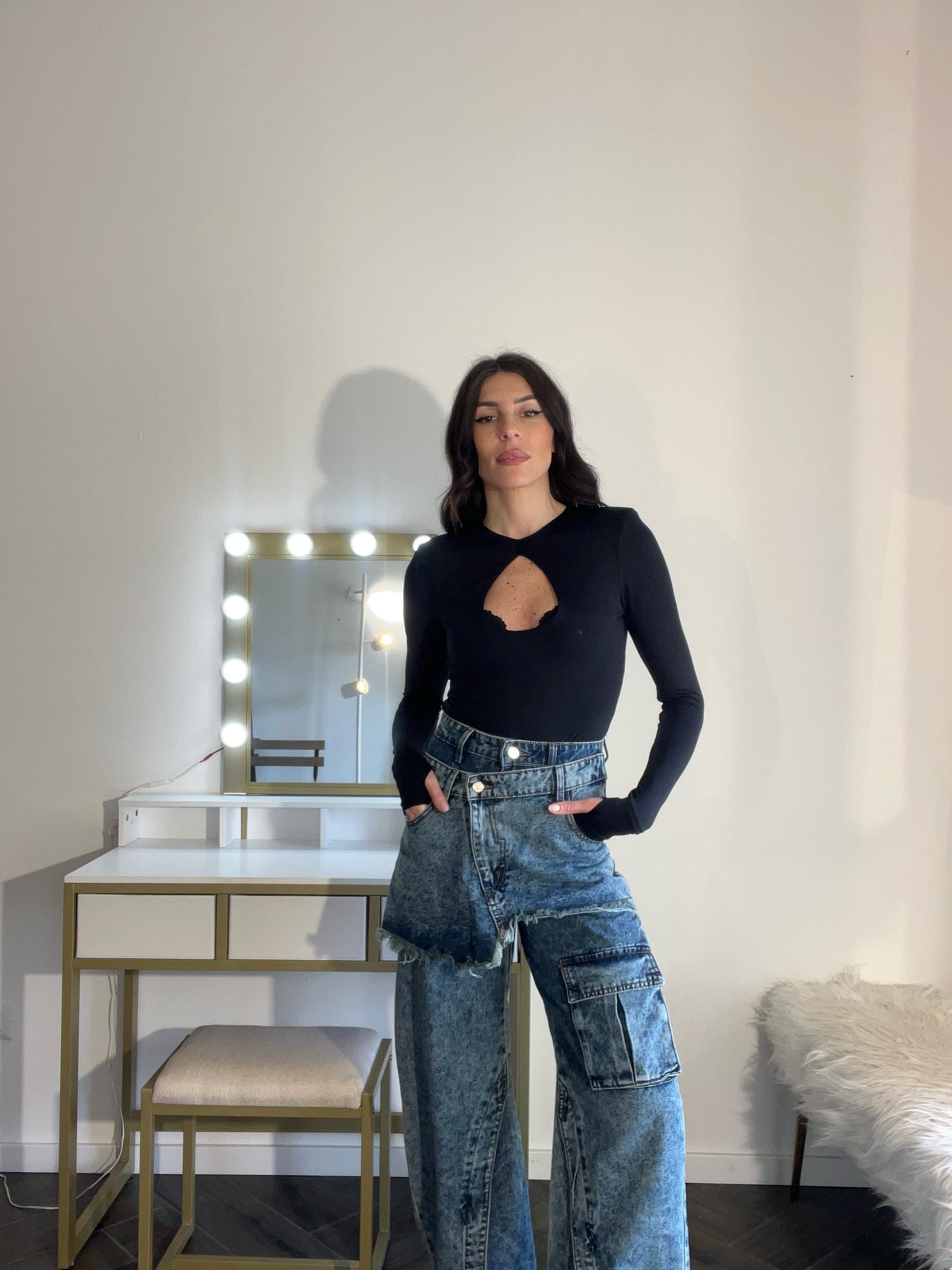 Jeans top quality con doppia fibbia tasca frontale e spacchetti blu