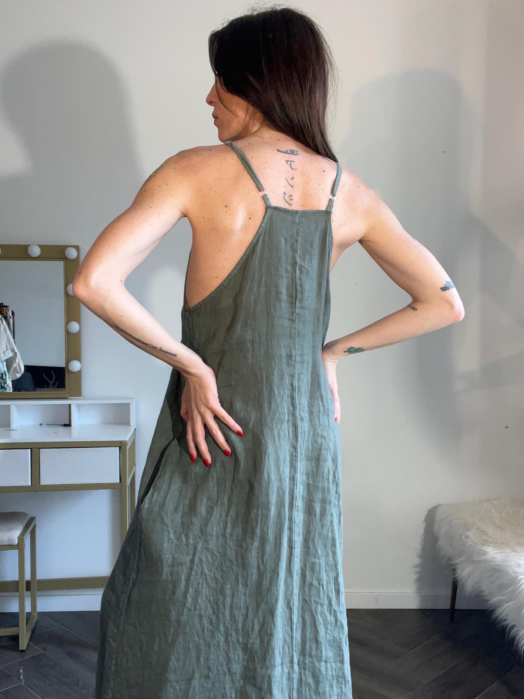 Abito lungo verde militare 100% lino