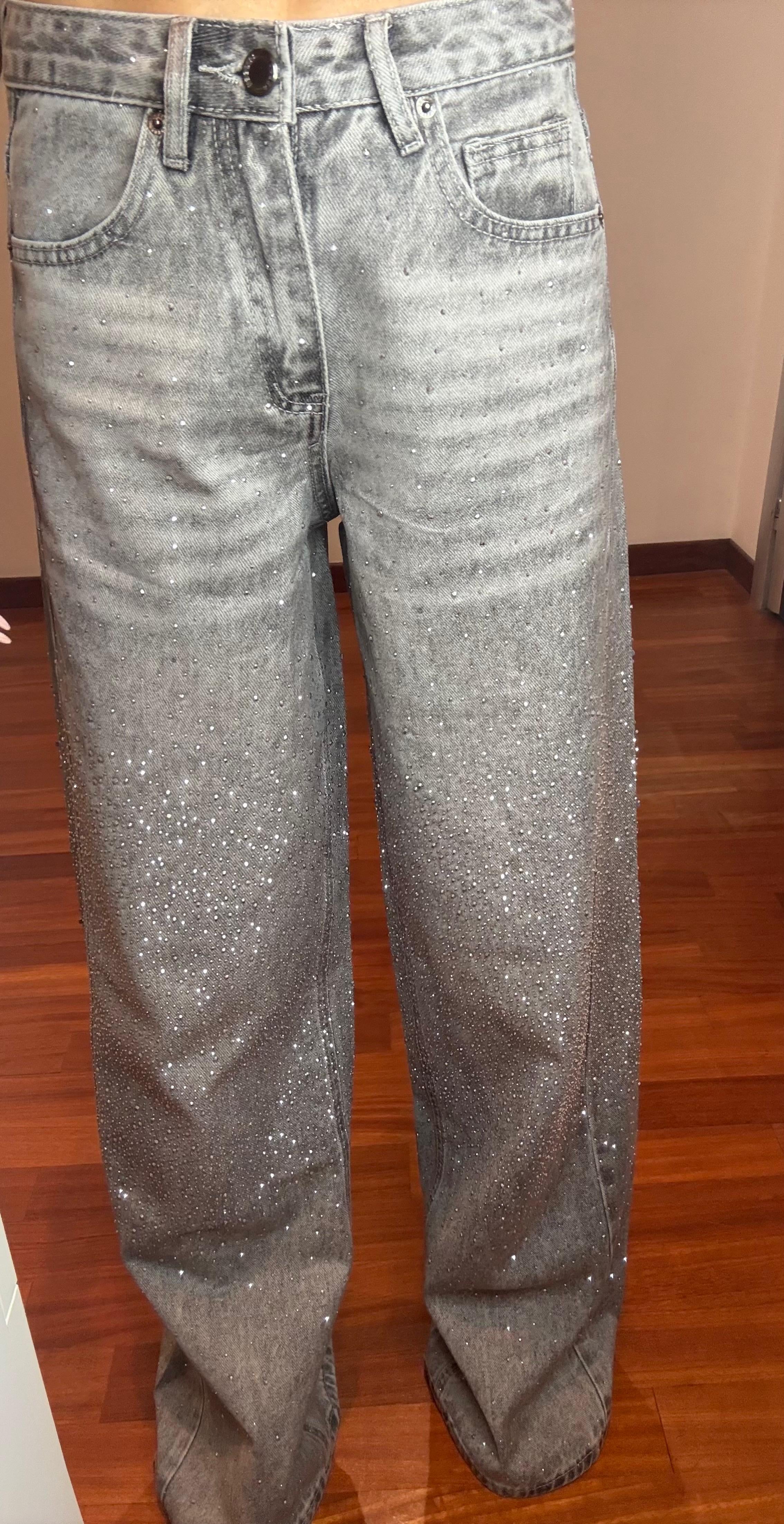 Jeans grigio tempestato di strass top quality