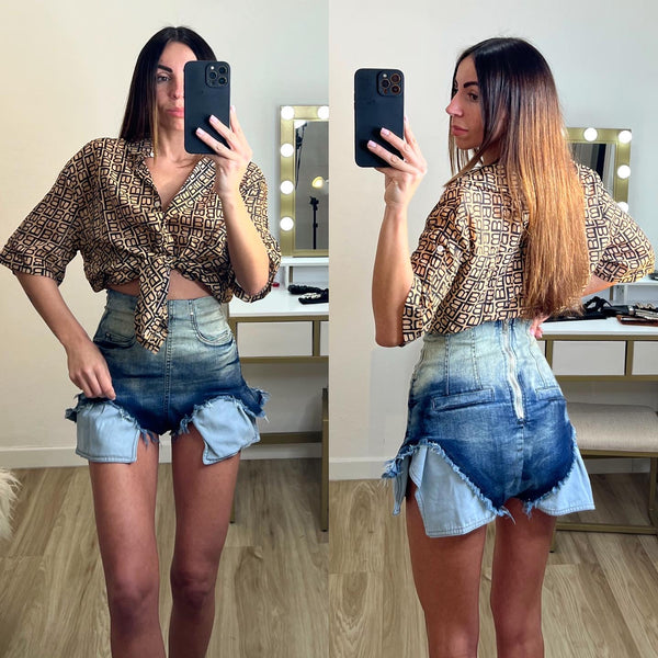 Short culotte in jeans a vita alta elasticizzato